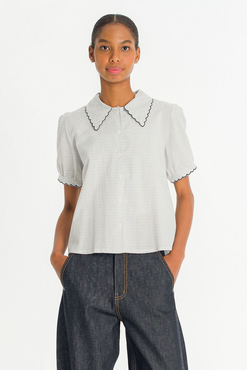 Embroidered Collar Check Blouse, Blue