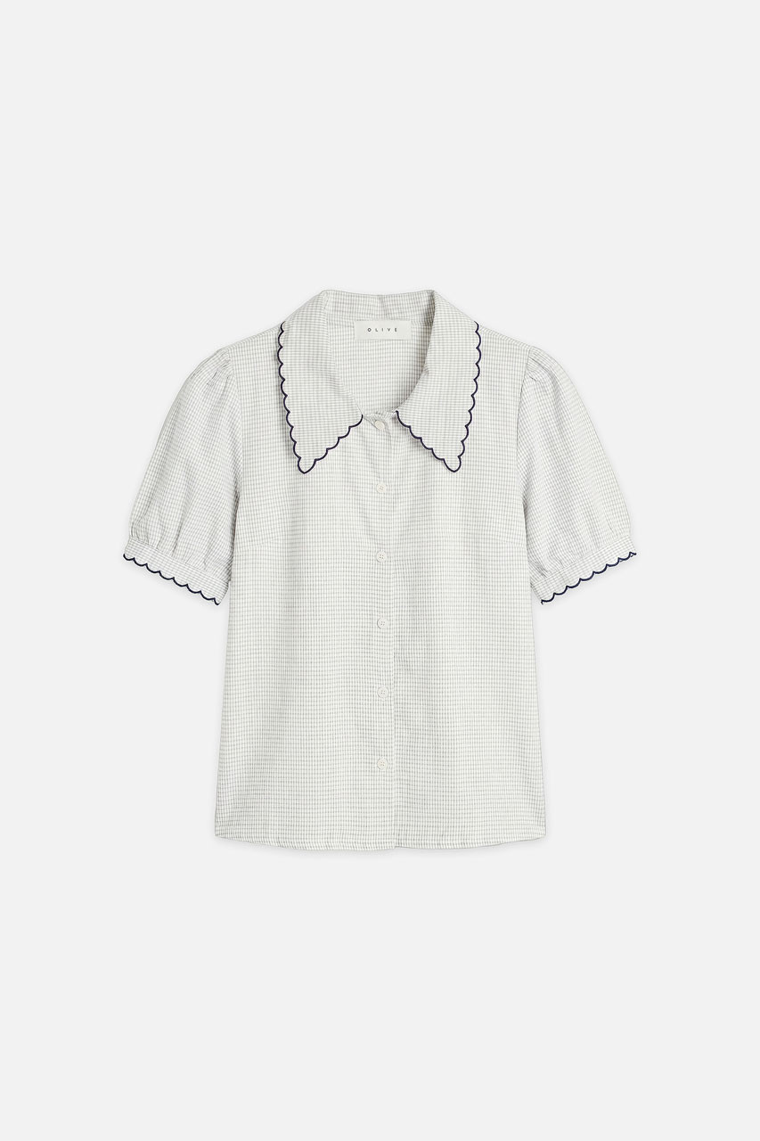 Embroidered Collar Check Blouse, Blue