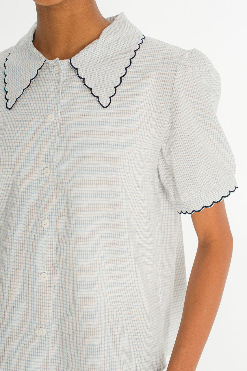 Embroidered Collar Check Blouse, Blue