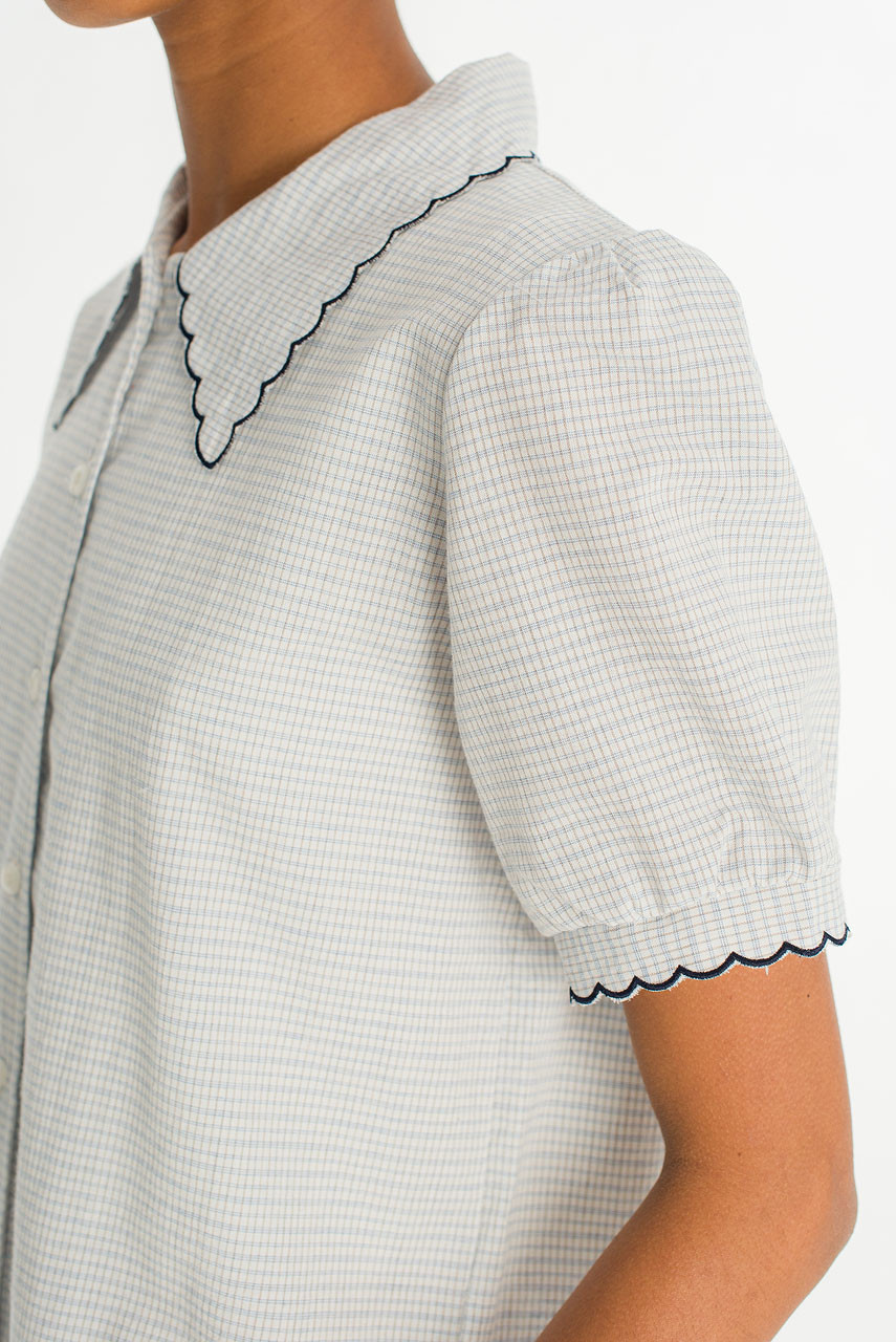 Embroidered Collar Check Blouse, Blue