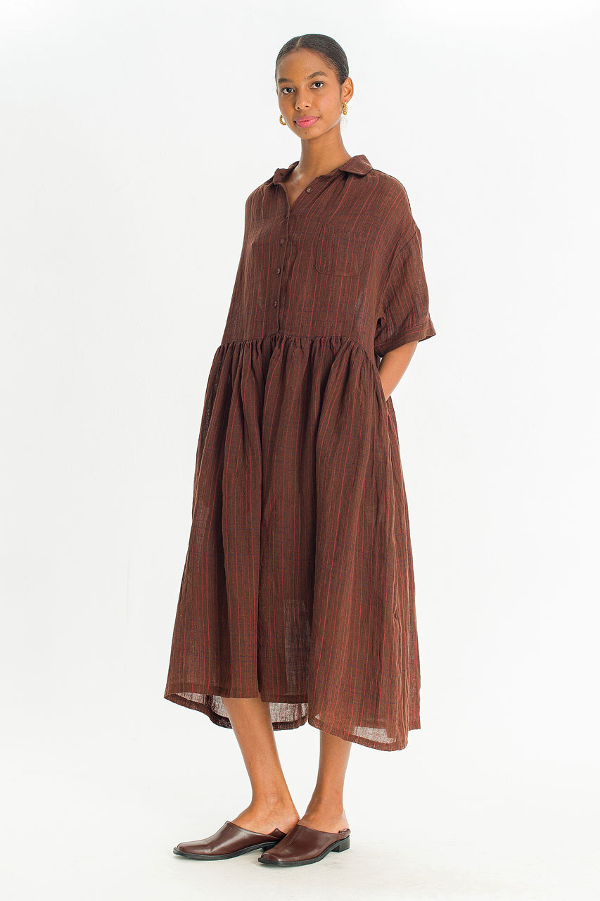 Boxy Check Linen Shirt Dress, Brown