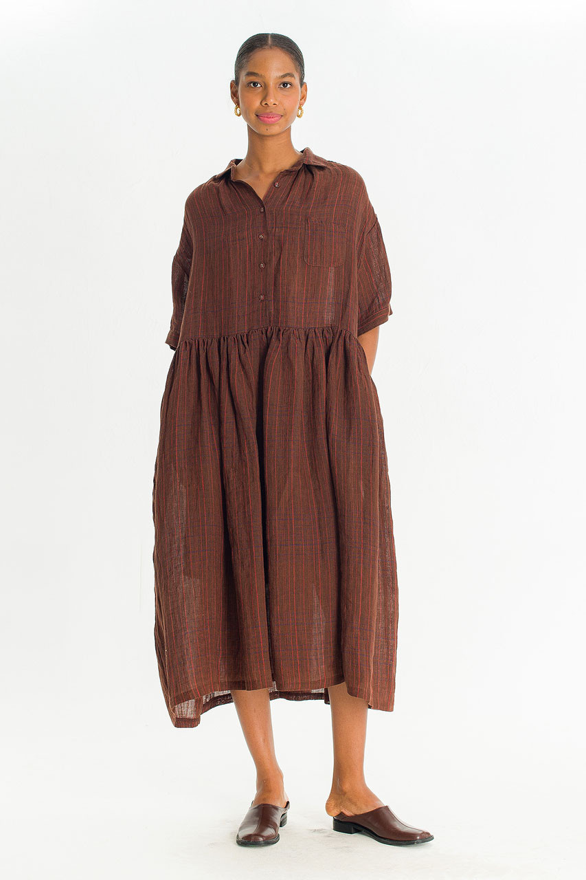 Boxy Check Linen Shirt Dress, Brown