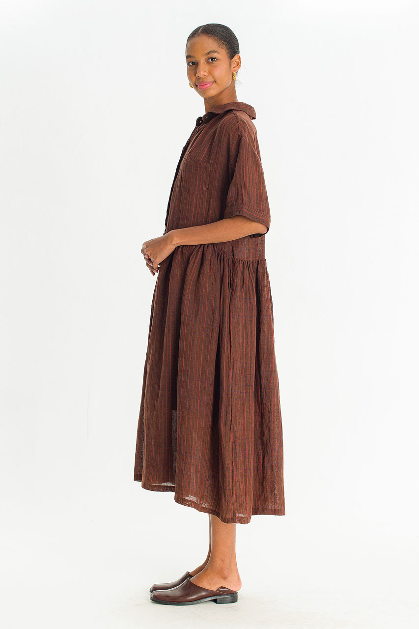 Boxy Check Linen Shirt Dress, Brown