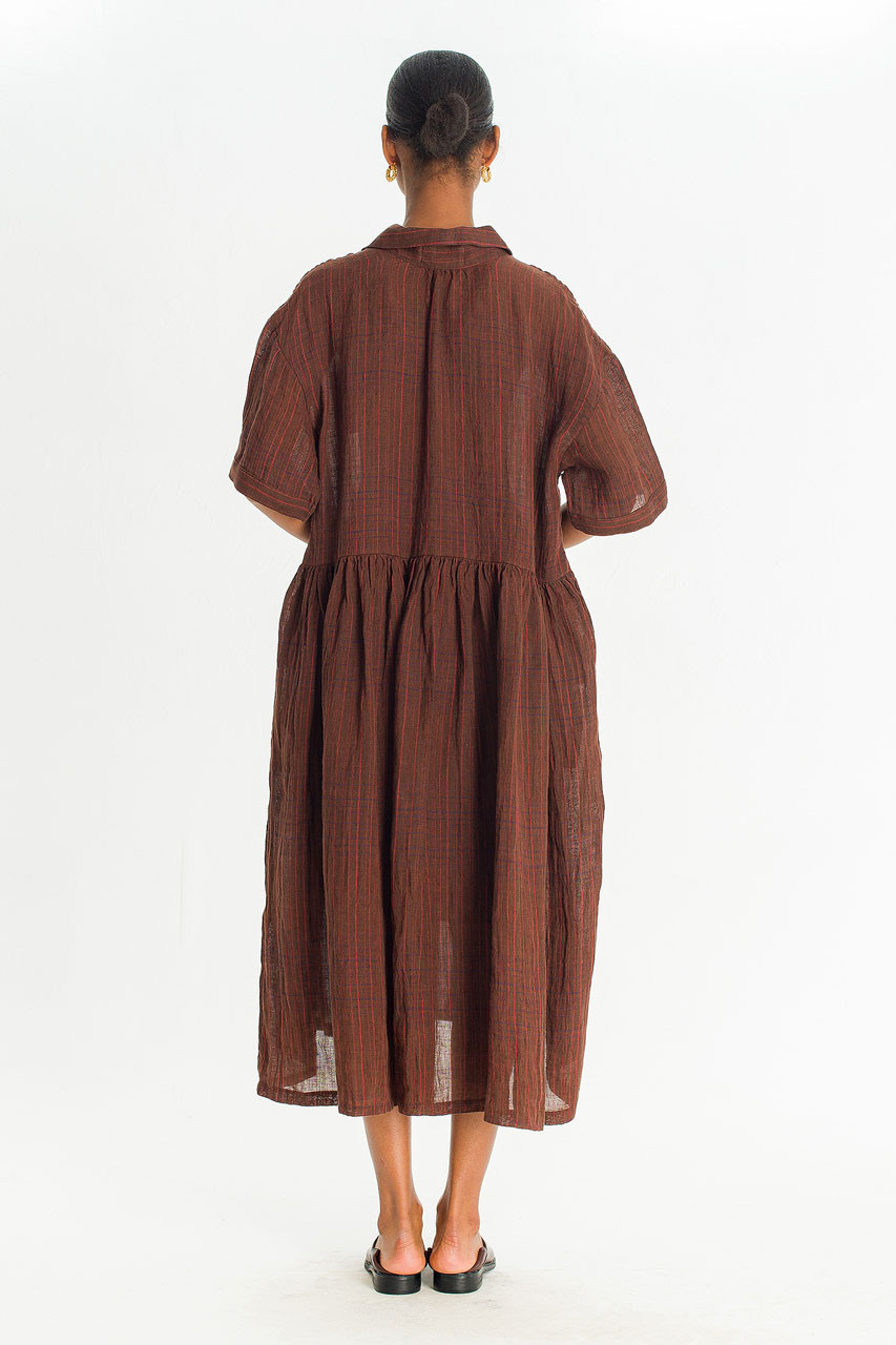 Boxy Check Linen Shirt Dress, Brown