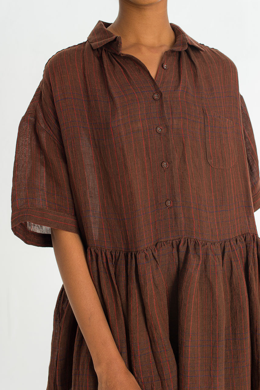 Boxy Check Linen Shirt Dress, Brown