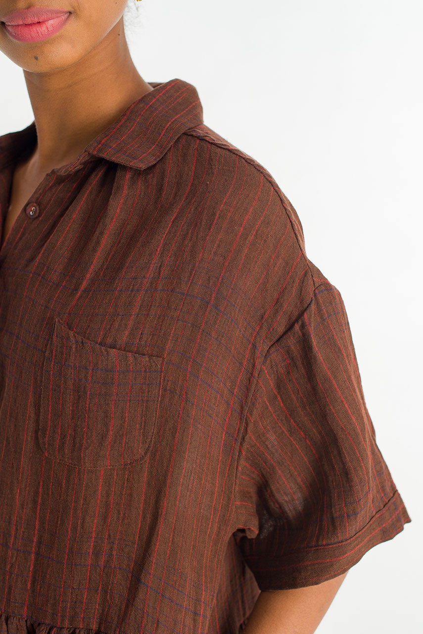 Boxy Check Linen Shirt Dress, Brown