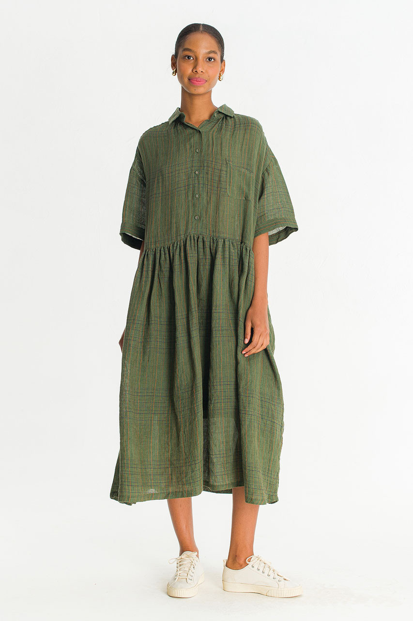 Boxy Check Linen Shirt Dress, Khaki