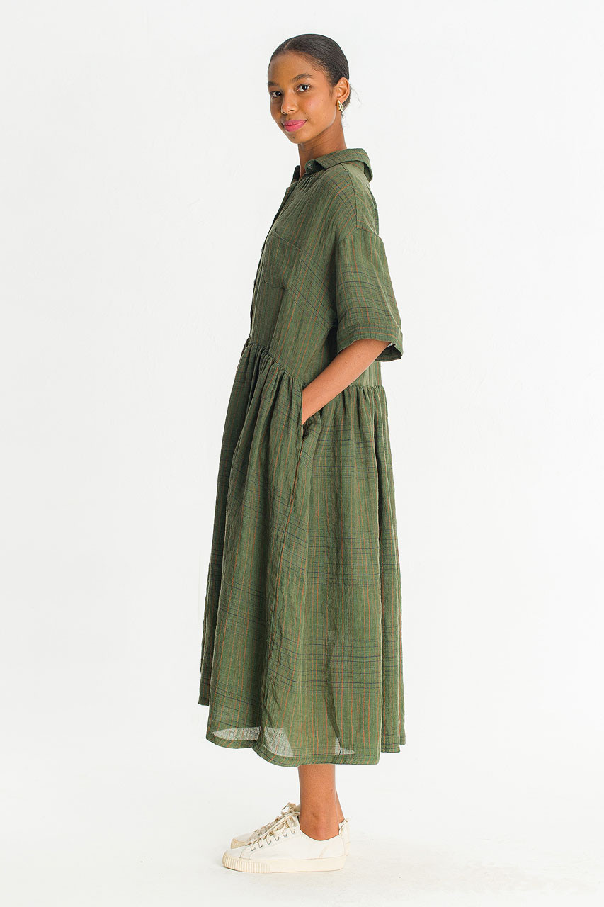 Boxy Check Linen Shirt Dress, Khaki