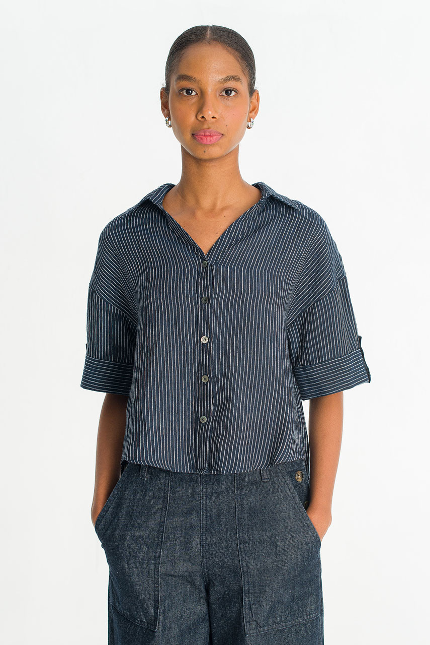 Hei Stripe Crop Shirt, Navy