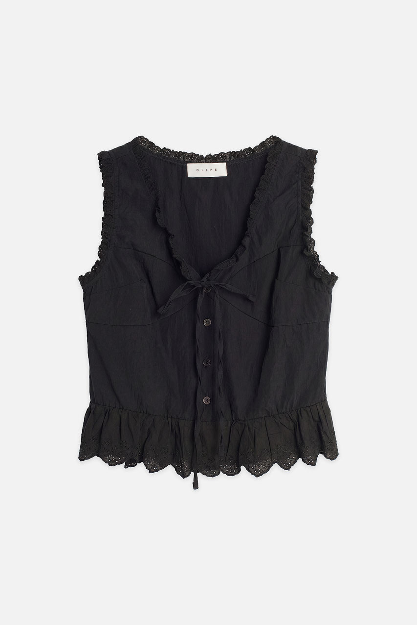 Rosaire Lace Trim Sleeveless Blouse, Black