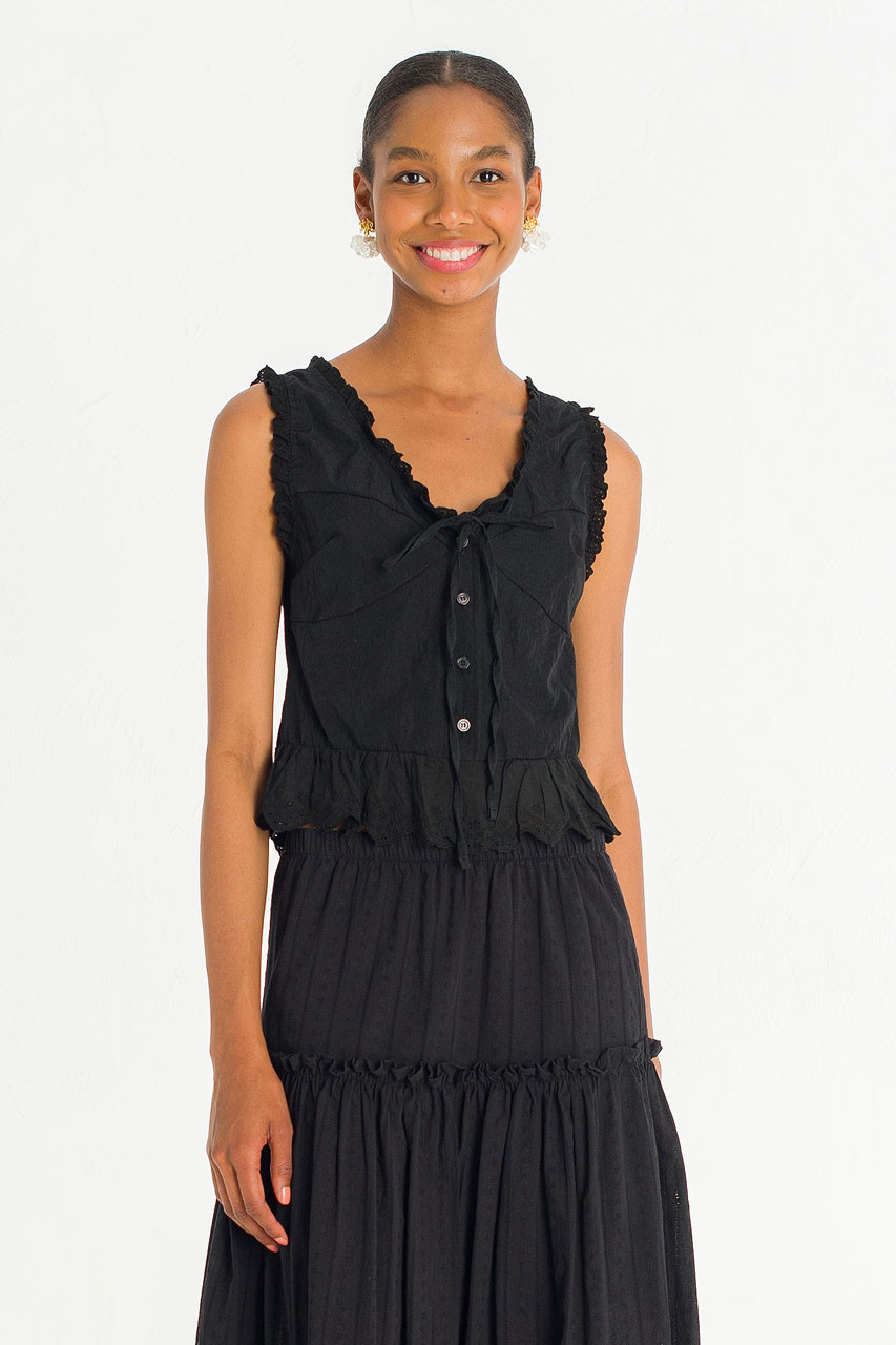 Rosaire Lace Trim Sleeveless Blouse, Black