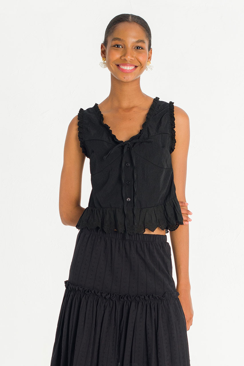 Rosaire Lace Trim Sleeveless Blouse, Black