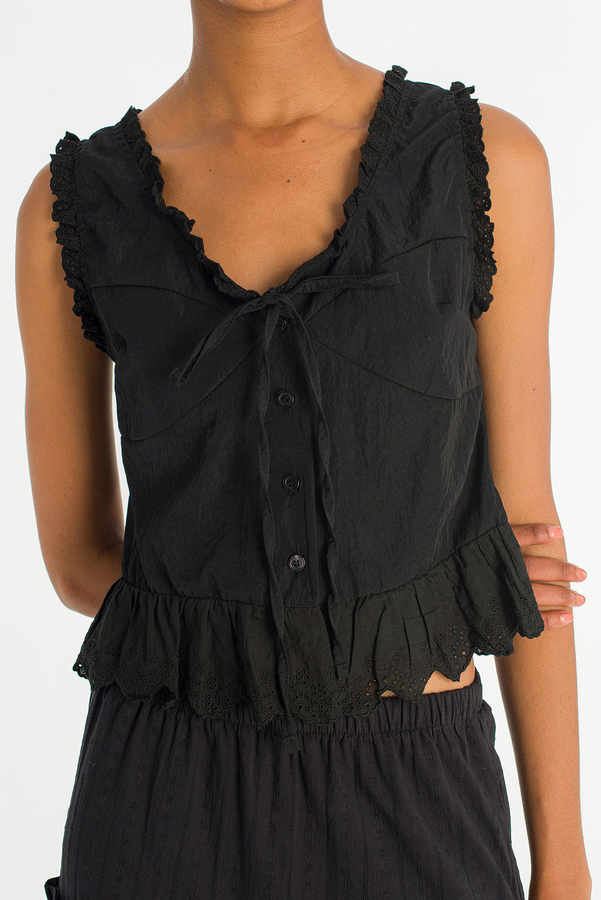 Rosaire Lace Trim Sleeveless Blouse, Black
