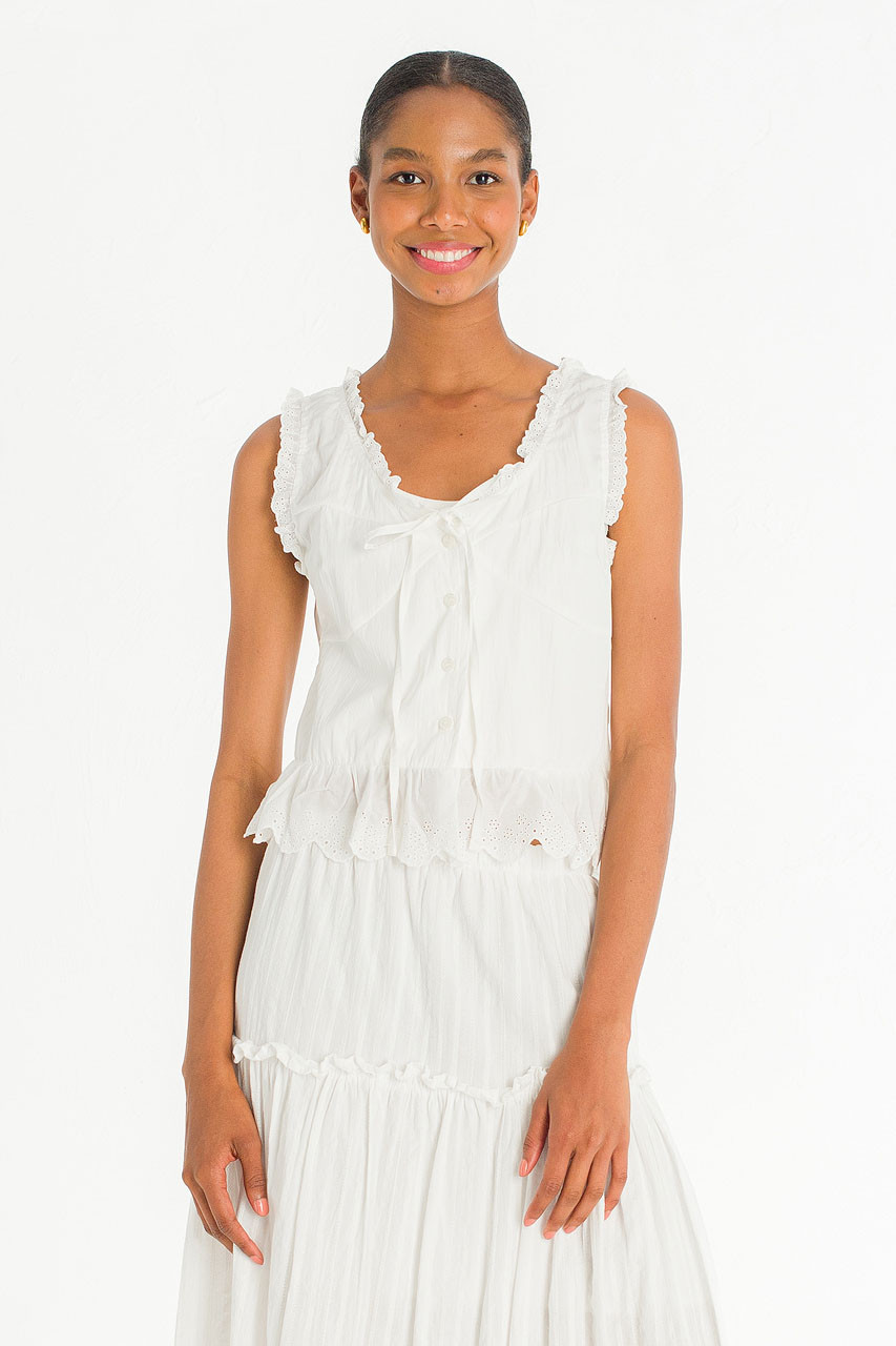 Rosaire Lace Trim Sleeveless Blouse, White