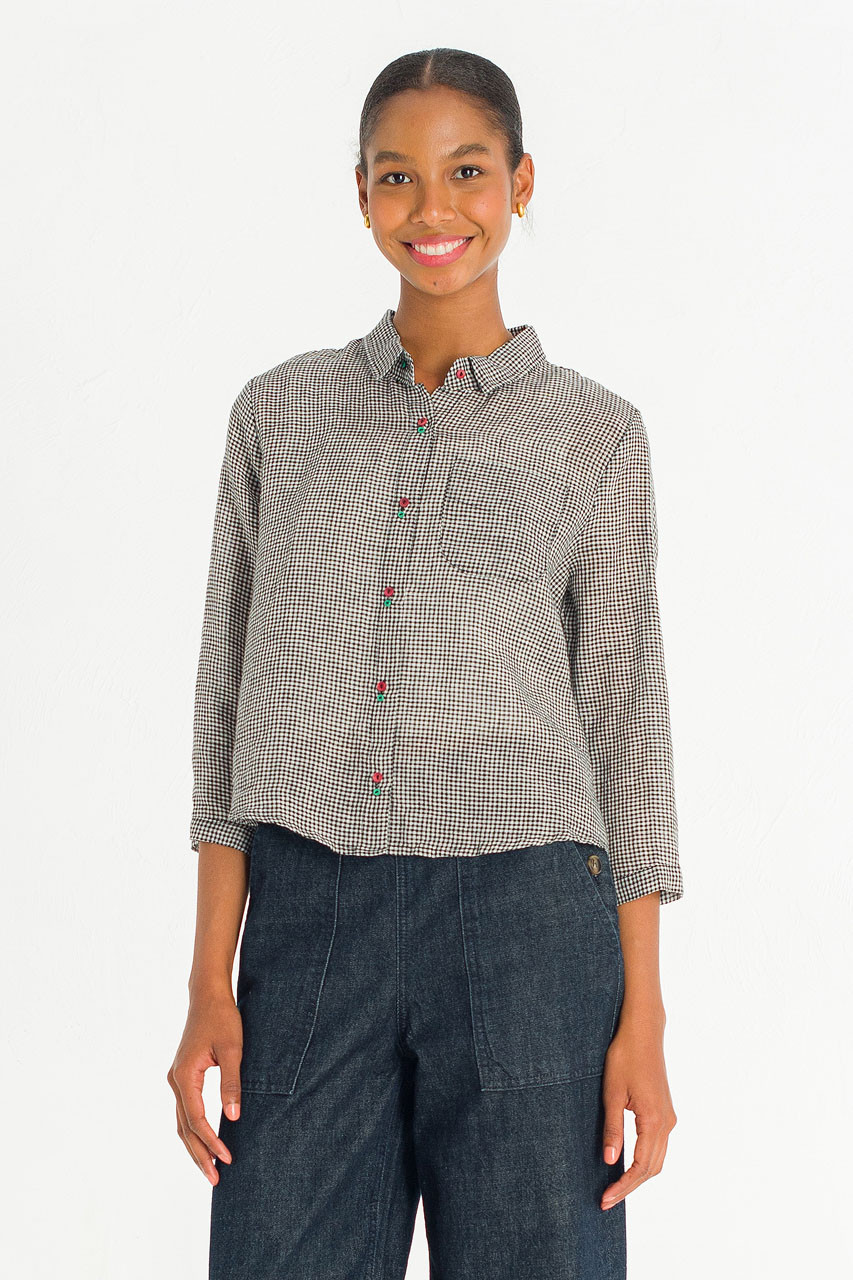 Twin Button Gingham Linen Blouse, Black