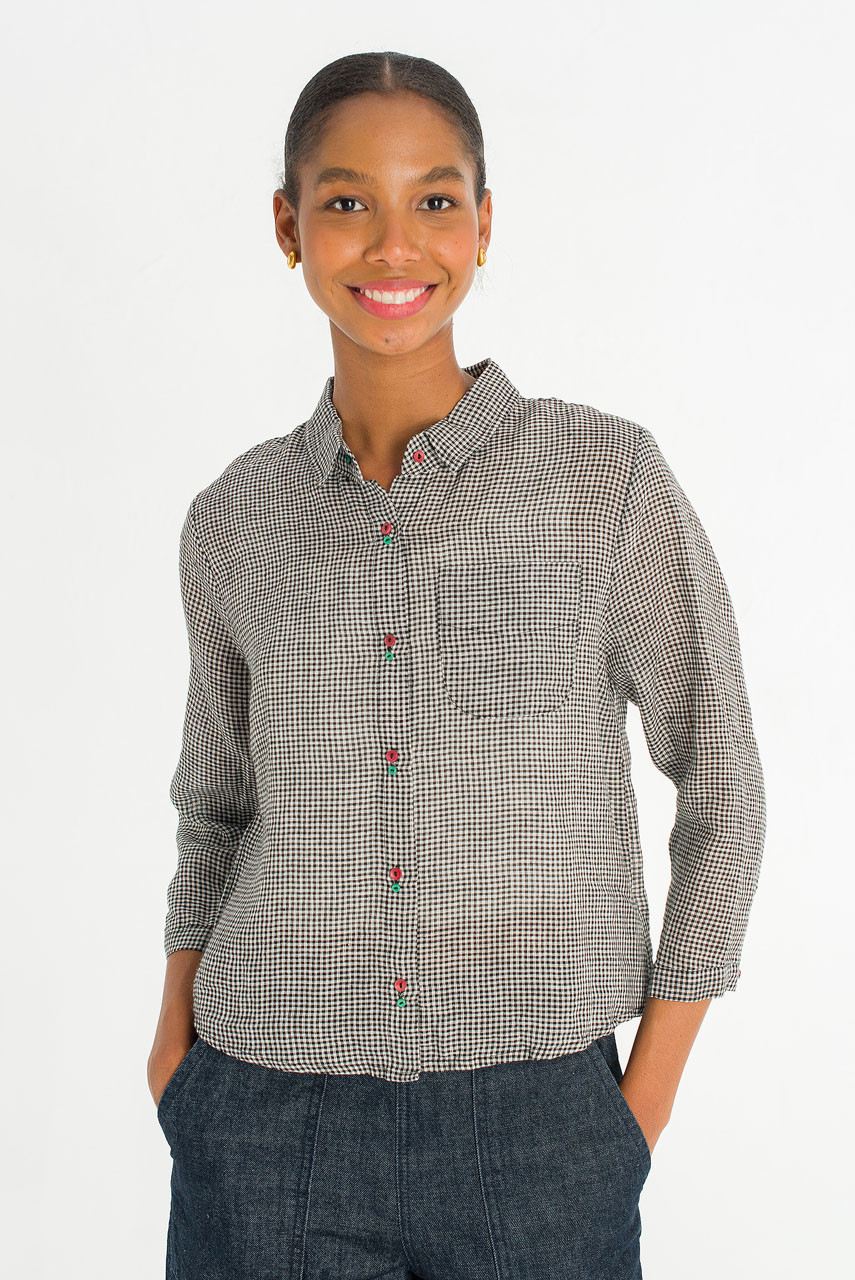 Twin Button Gingham Linen Blouse, Black