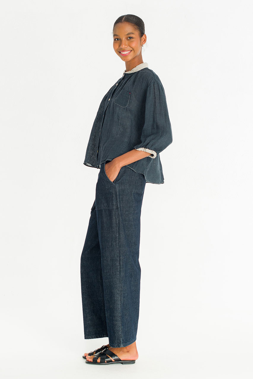 Petite Collar Linen Blouse, Navy