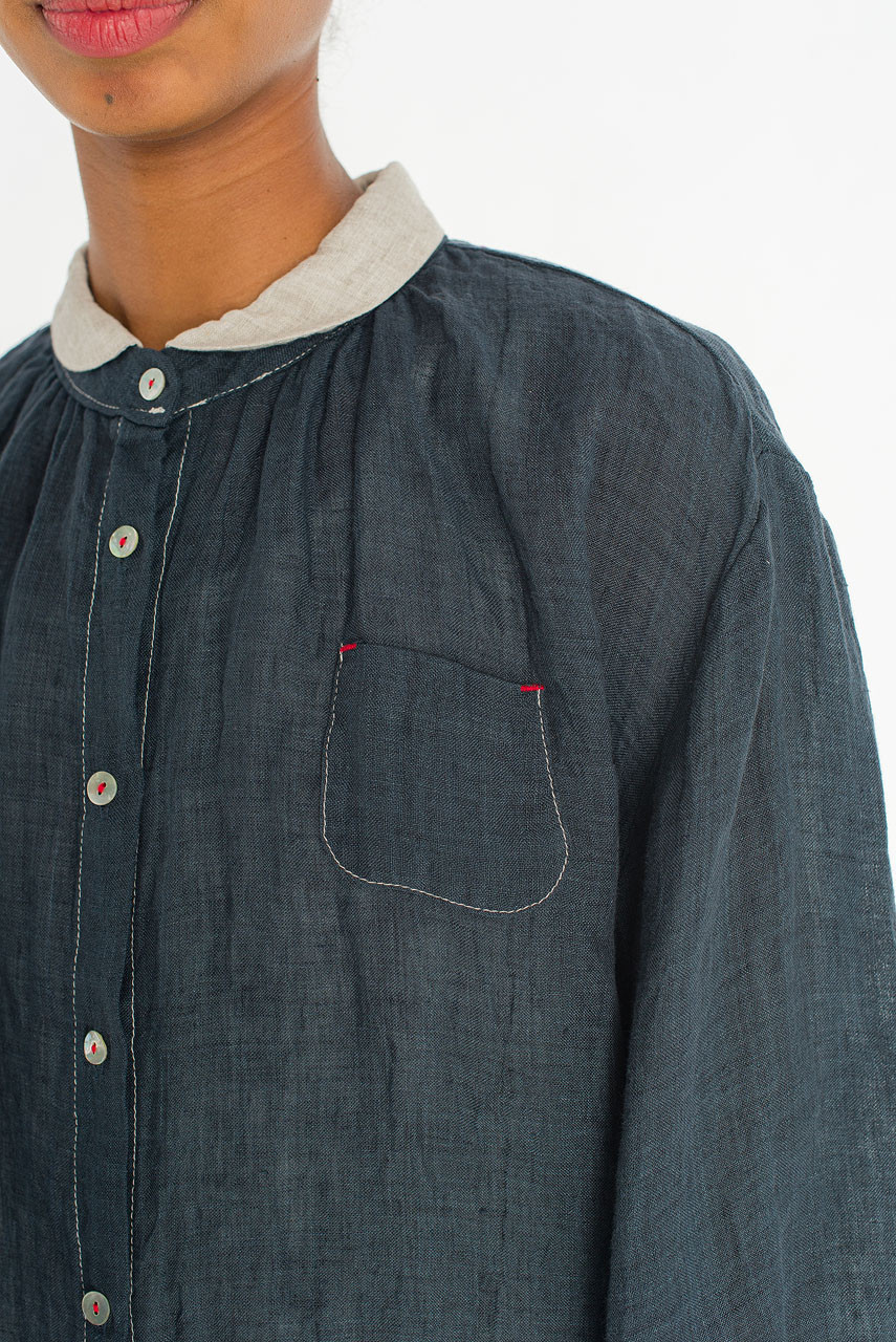 Petite Collar Linen Blouse, Navy
