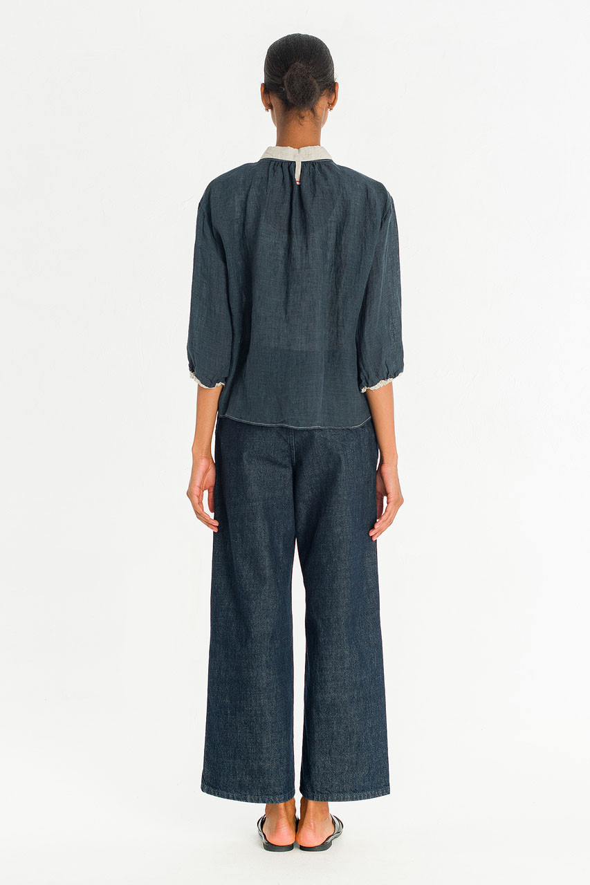 Petite Collar Linen Blouse, Navy