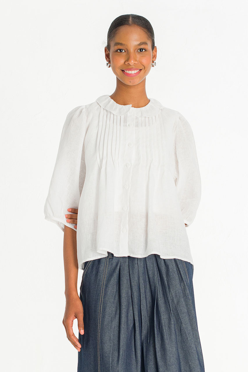 Pintuck Linen Frill Blouse, White