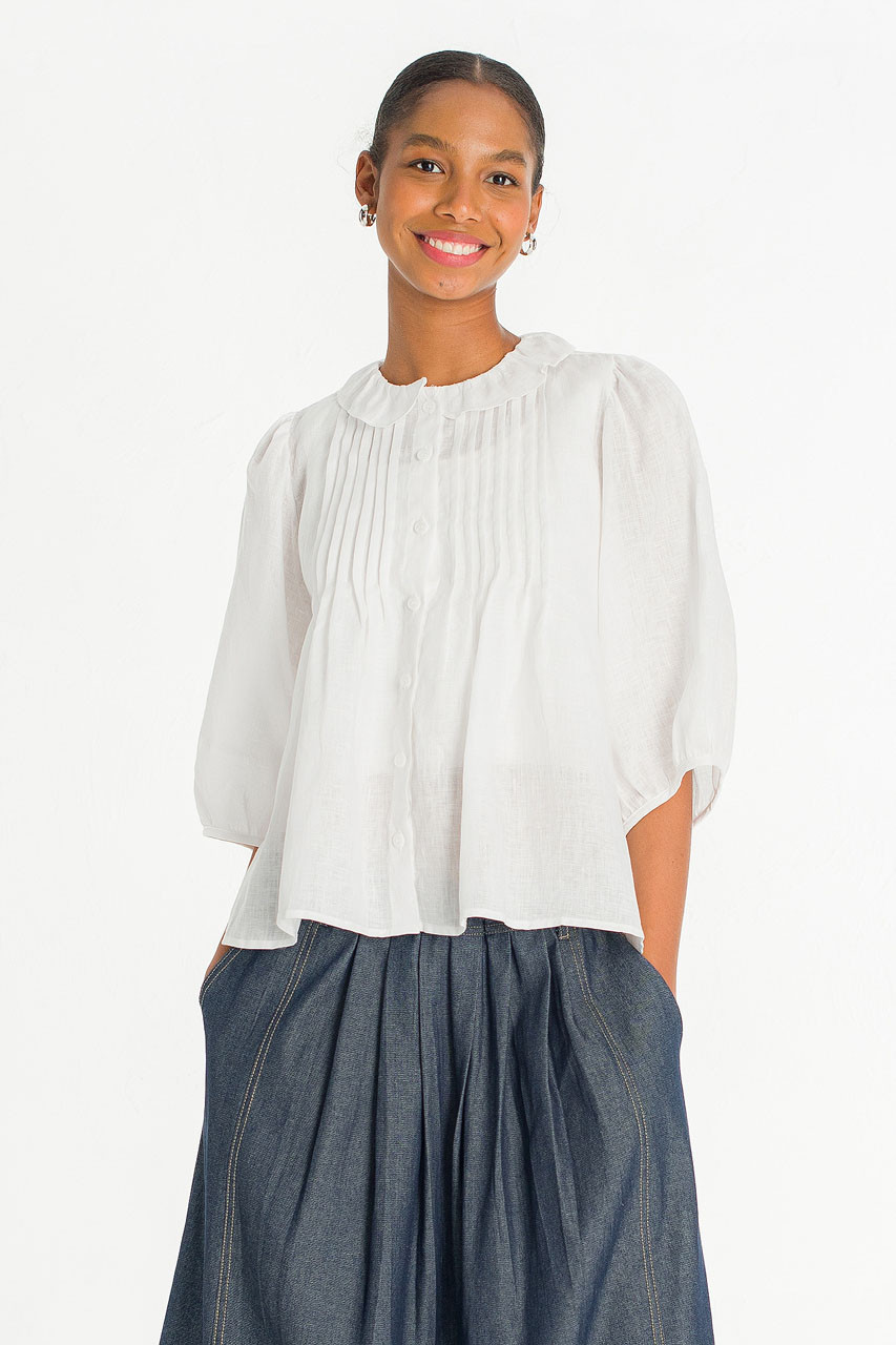 Pintuck Linen Frill Blouse, White