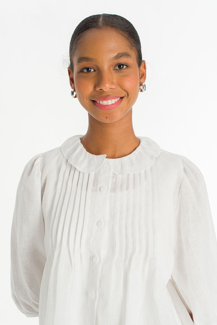 Pintuck Linen Frill Blouse, White