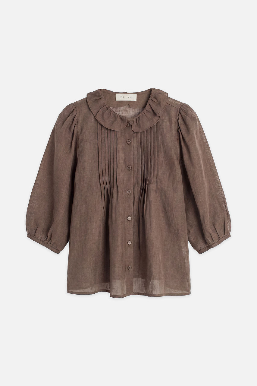 Pintuck Linen Frill Blouse, Brown
