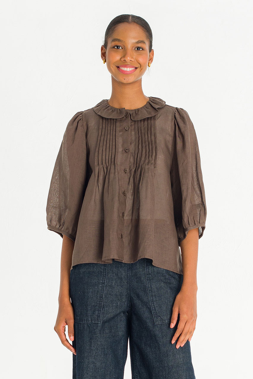 Pintuck Linen Frill Blouse, Brown