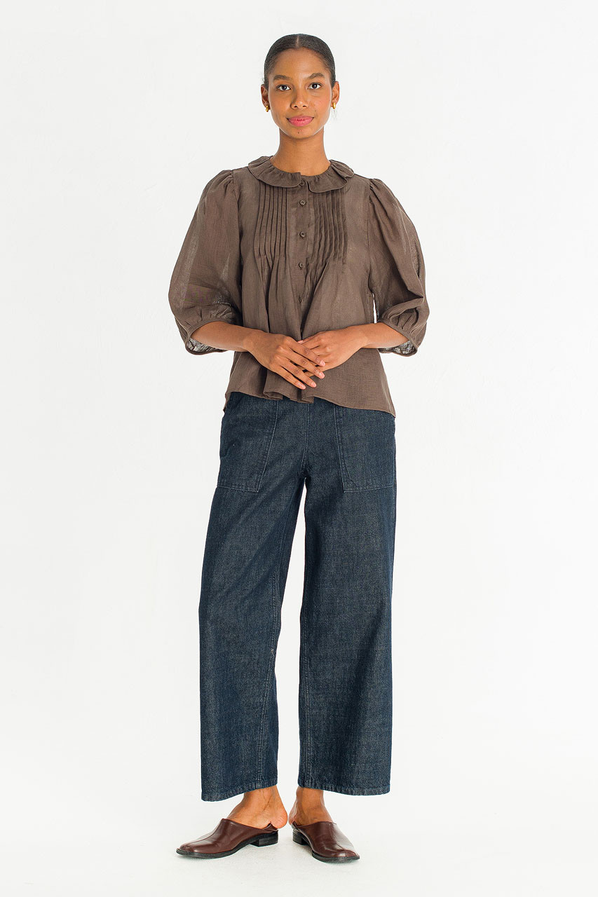 Pintuck Linen Frill Blouse, Brown