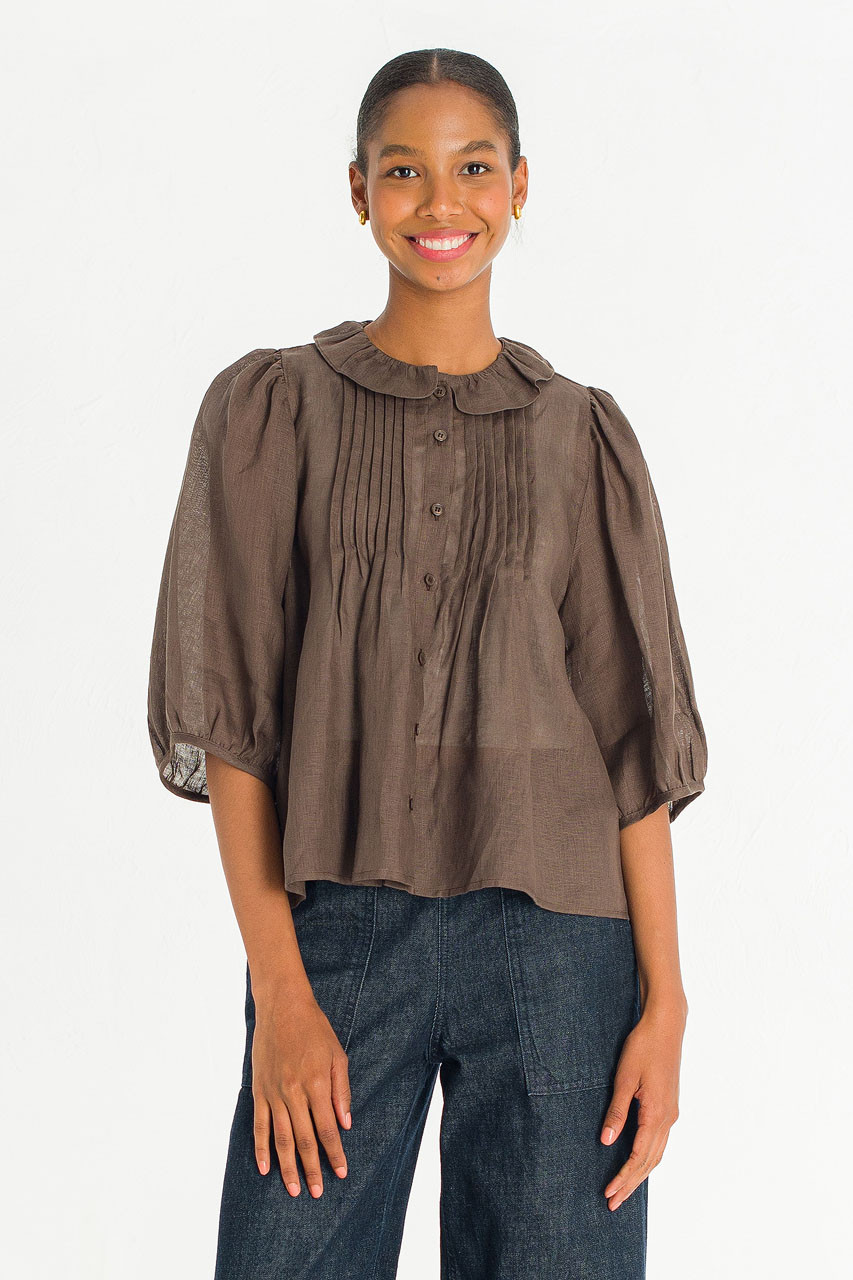 トップス Yoli Frilled blouse for gather / Brown Pintuck Linen Frill Blouse, Brown