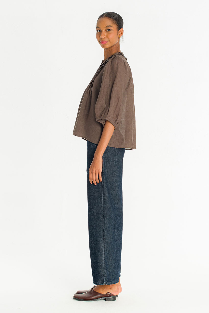 Pintuck Linen Frill Blouse, Brown