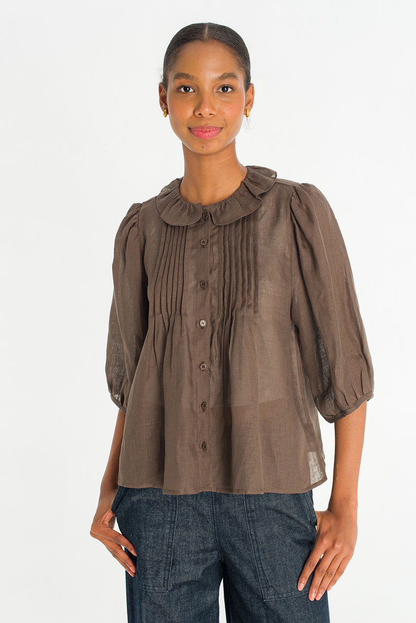 Pintuck Linen Frill Blouse, Brown