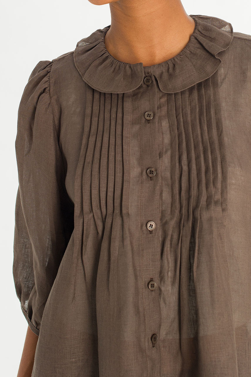 Pintuck Linen Frill Blouse, Brown