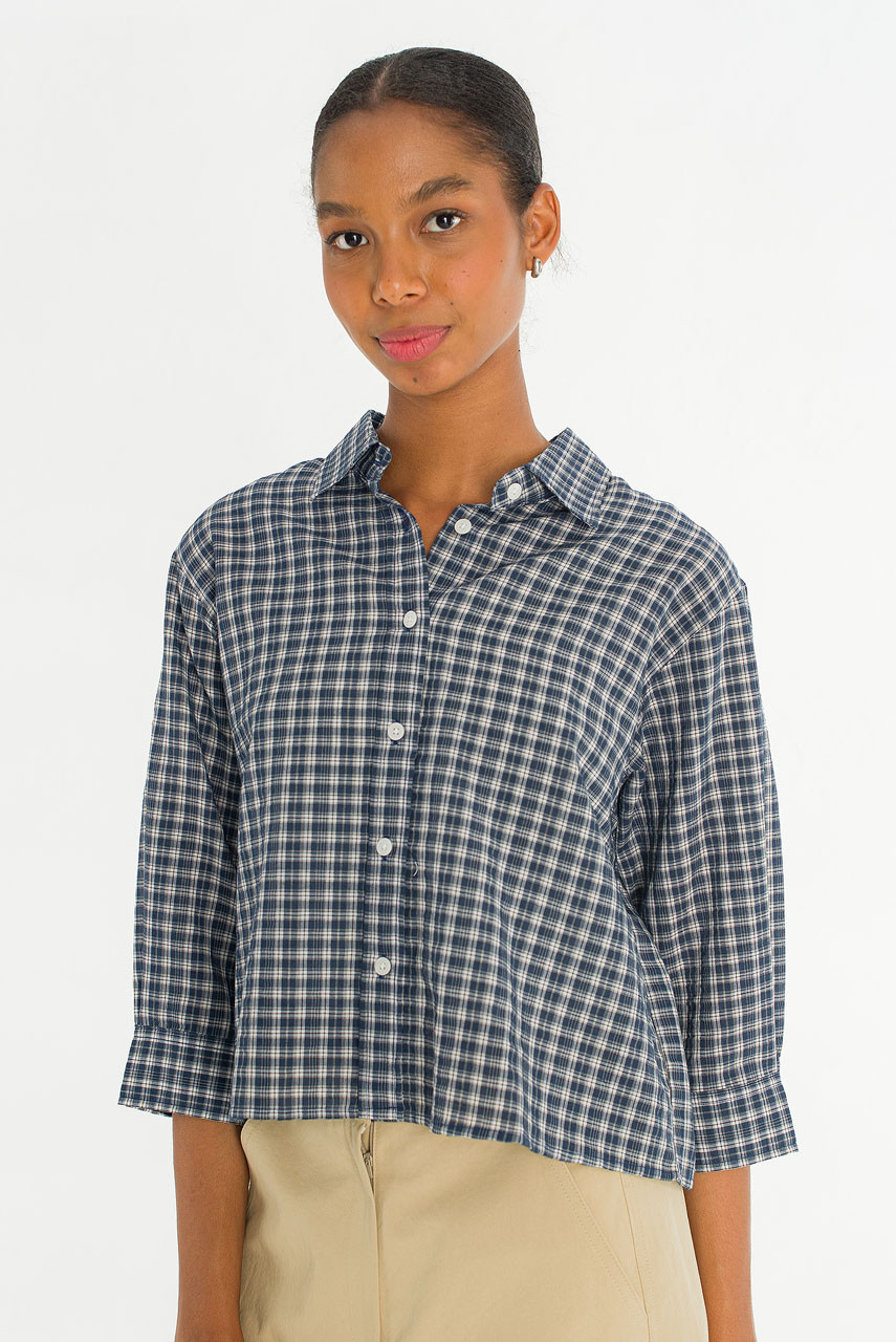 Ellen Check Crop Shirt, Navy