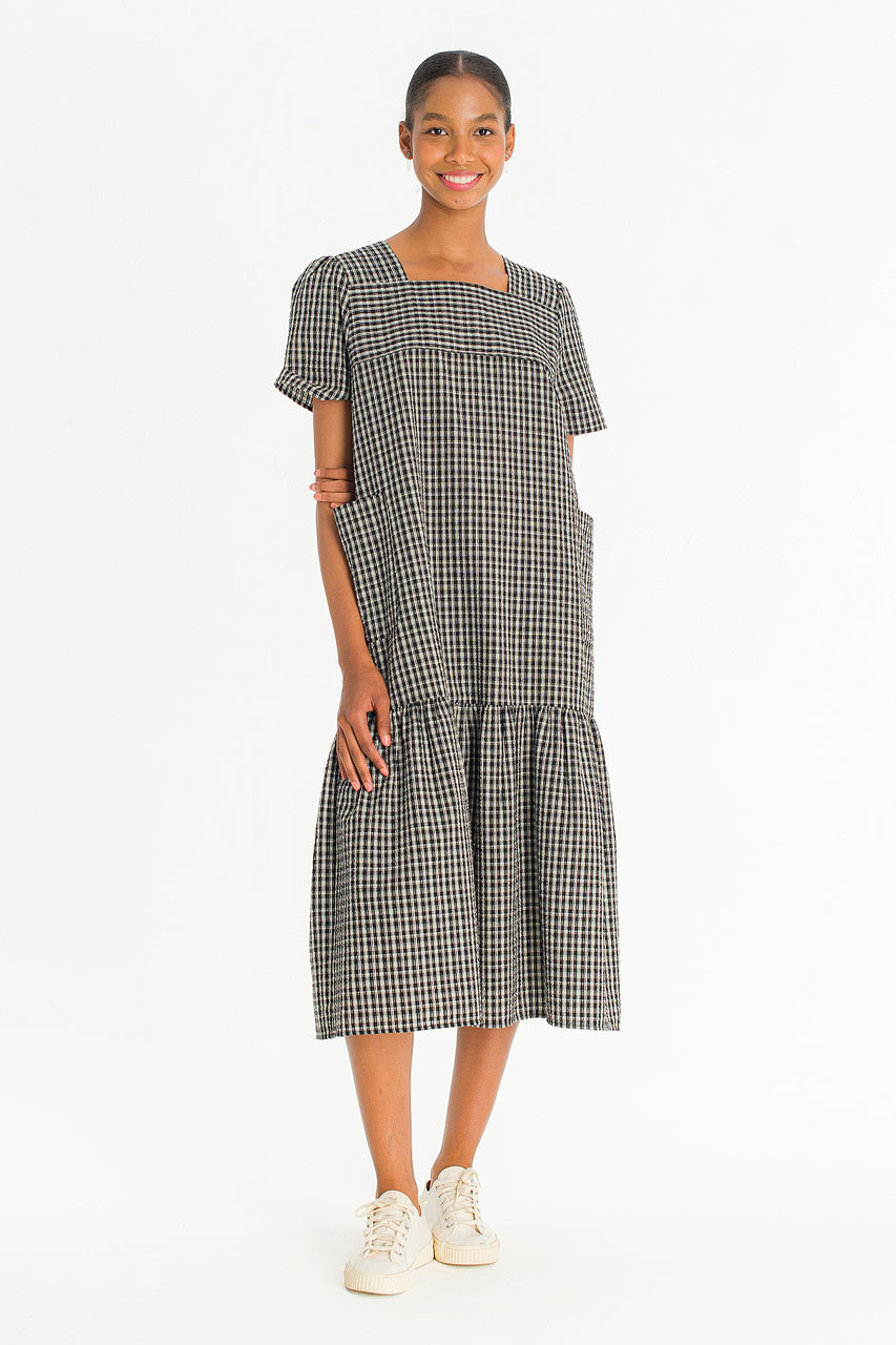 Netti Check Square Pocket Dress, Black