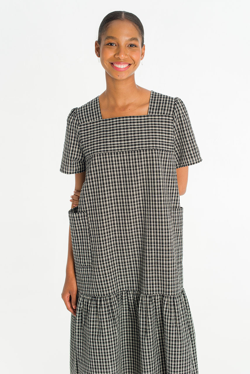 Netti Check Square Pocket Dress, Black