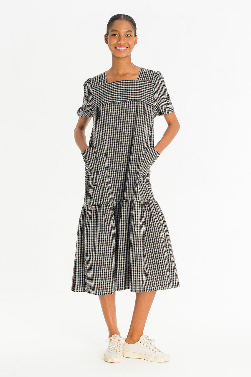 Netti Check Square Pocket Dress, Black