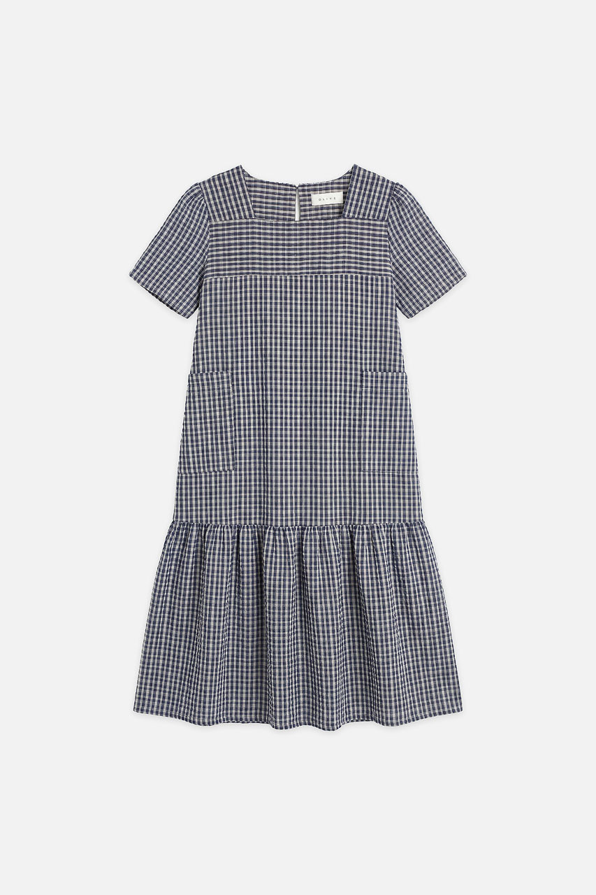 Netti Check Square Pocket Dress, Navy