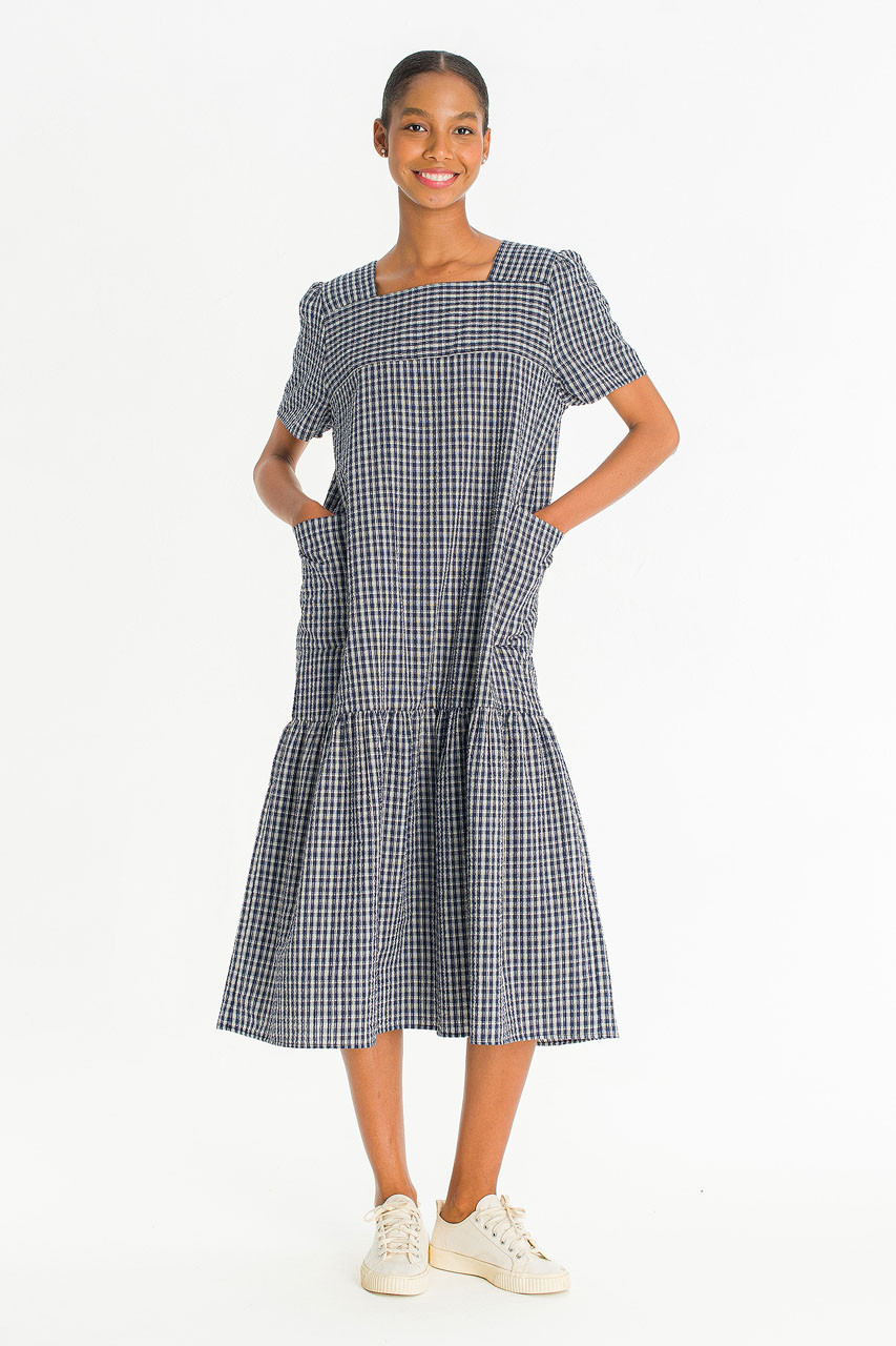 Netti Check Square Pocket Dress, Navy