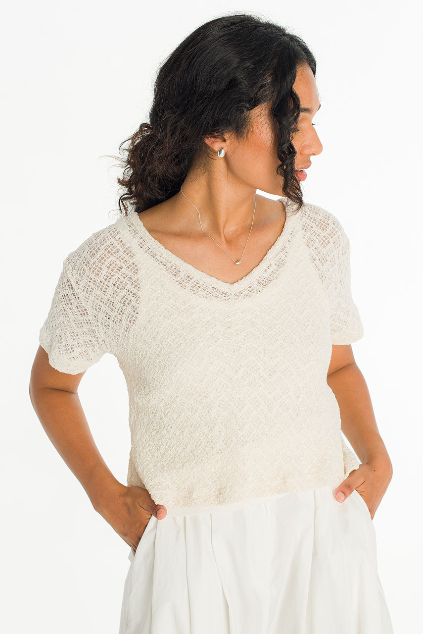 Coralie Check Crochet Top, Ivory