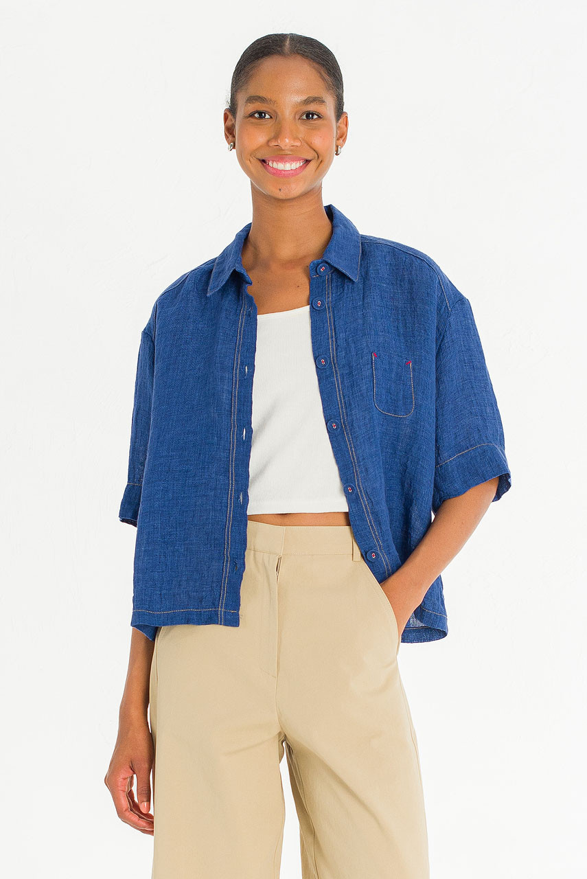 Arira Short Sleeve Linen Shirt , Blue