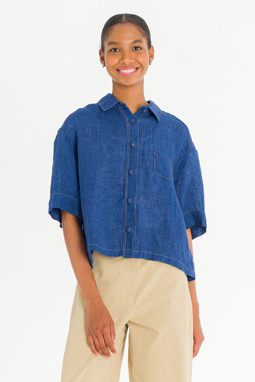 Arira Short Sleeve Linen Shirt , Blue