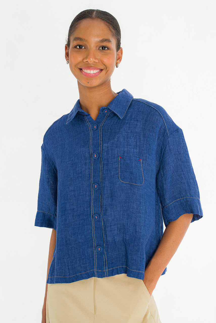 Arira Short Sleeve Linen Shirt , Blue