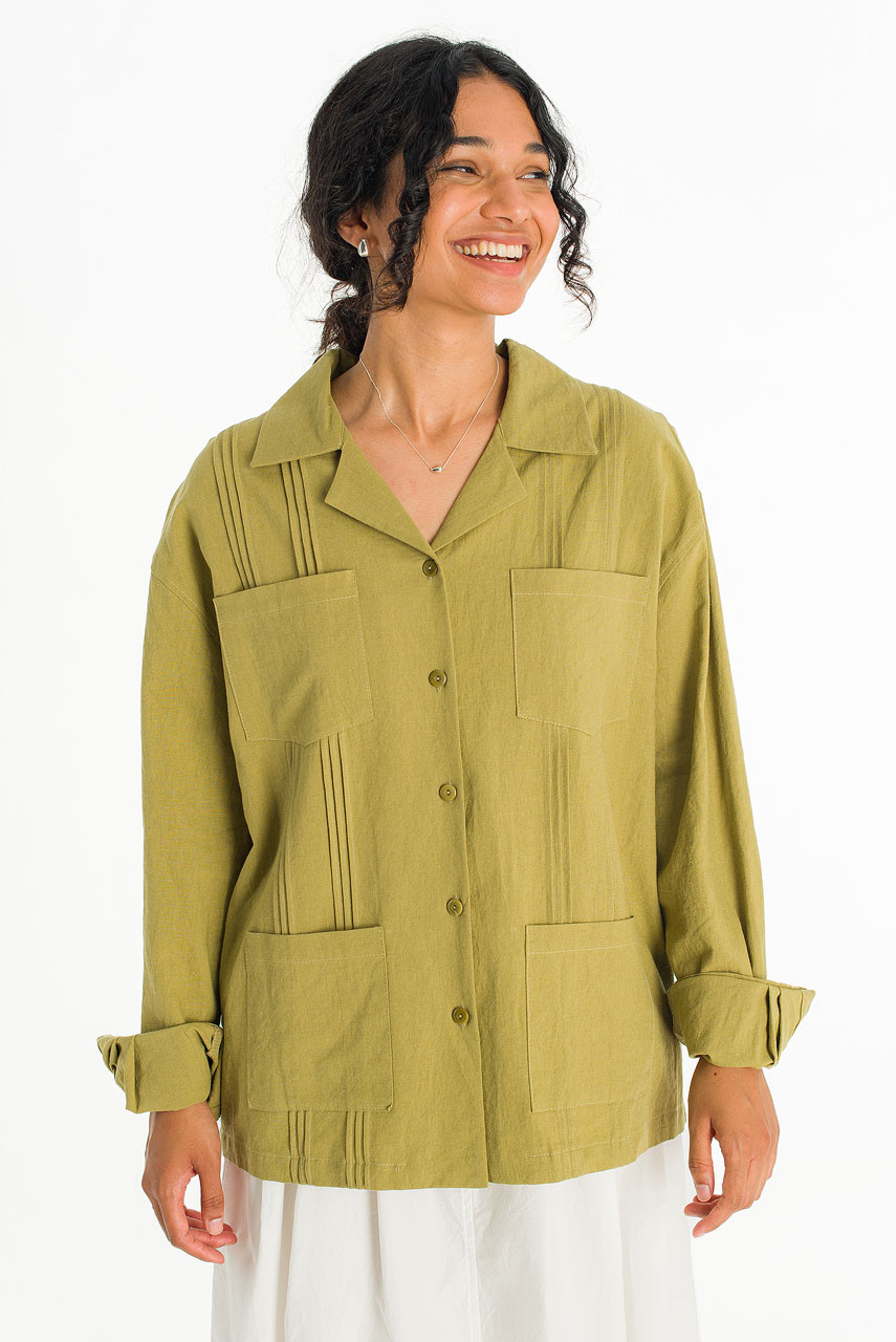 Akari Pintuck Linen Blend Jacket , Olive