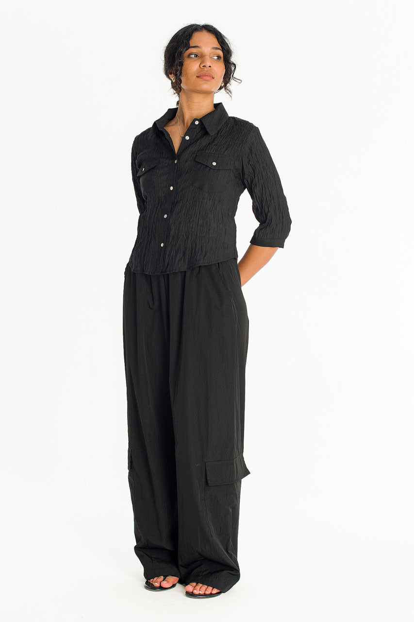 Latte Banding Waist Cargo Trousers , Black