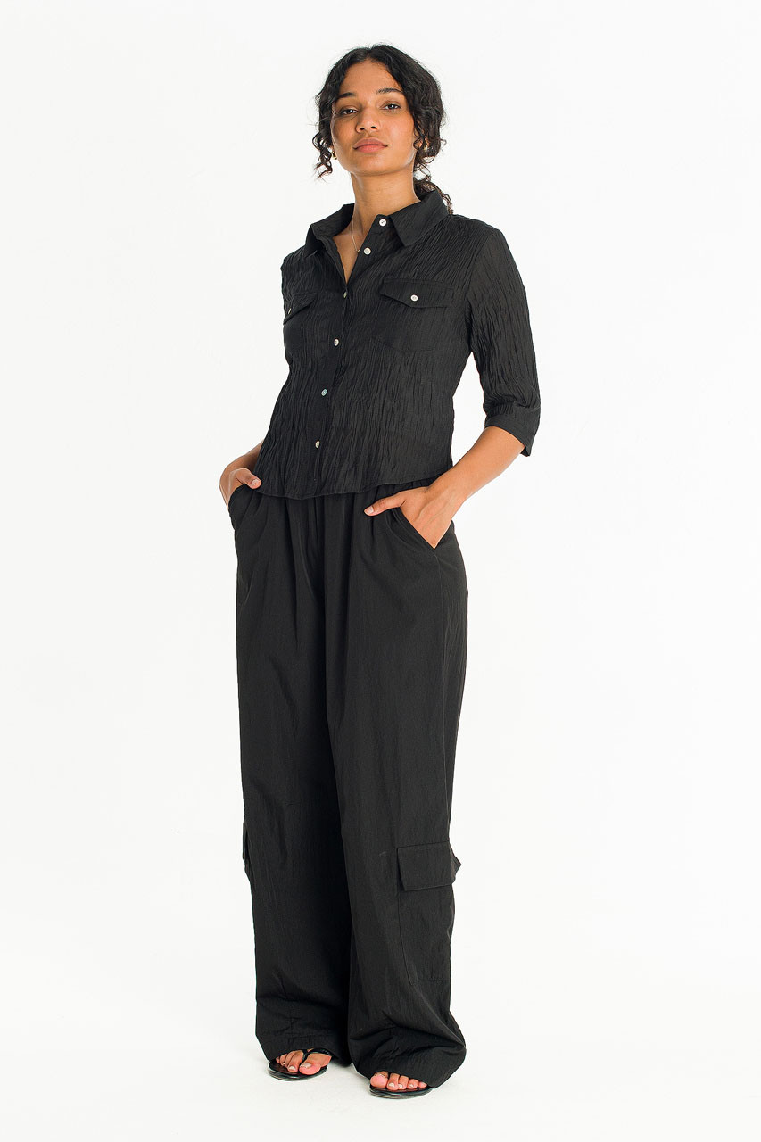 Latte Banding Waist Cargo Trousers , Black