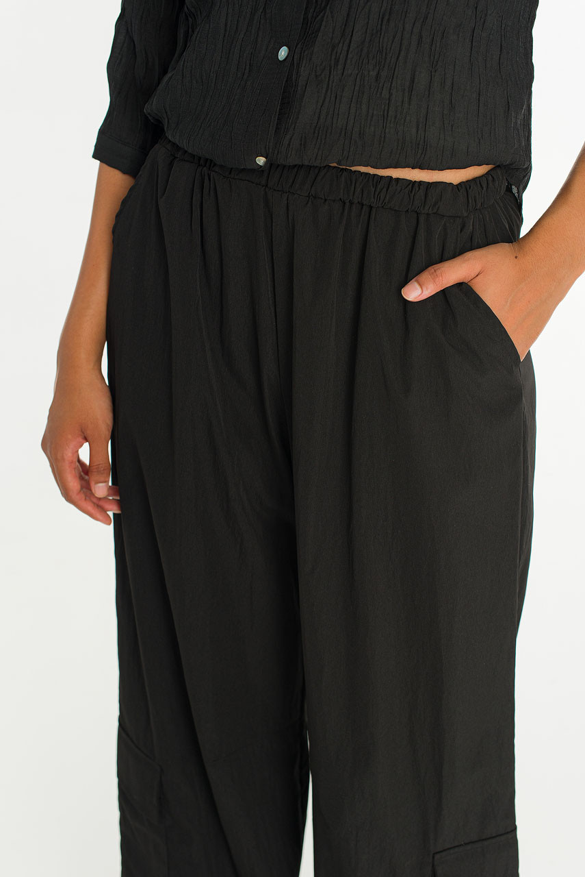 Latte Banding Waist Cargo Trousers , Black