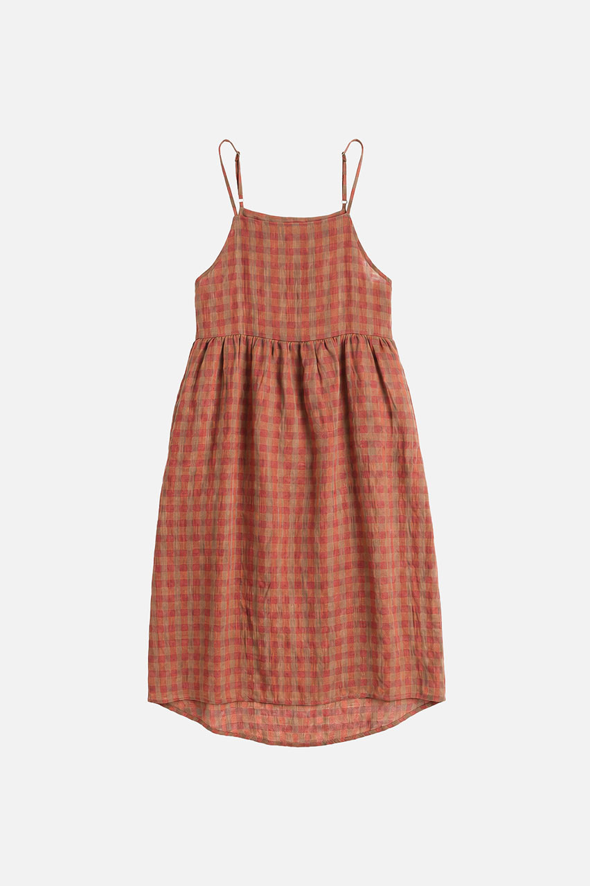 Linen Check Slip Dress, Brick