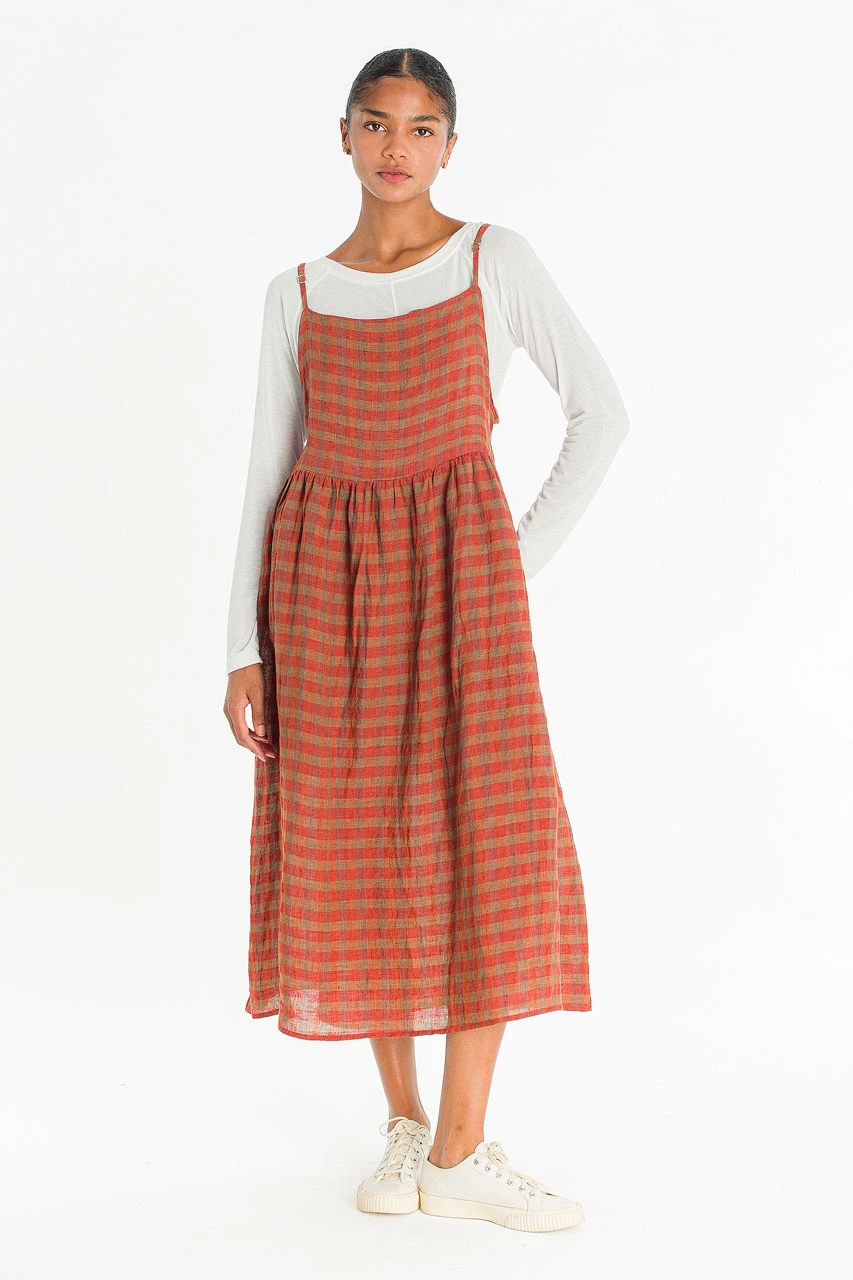 Linen Check Slip Dress, Brick