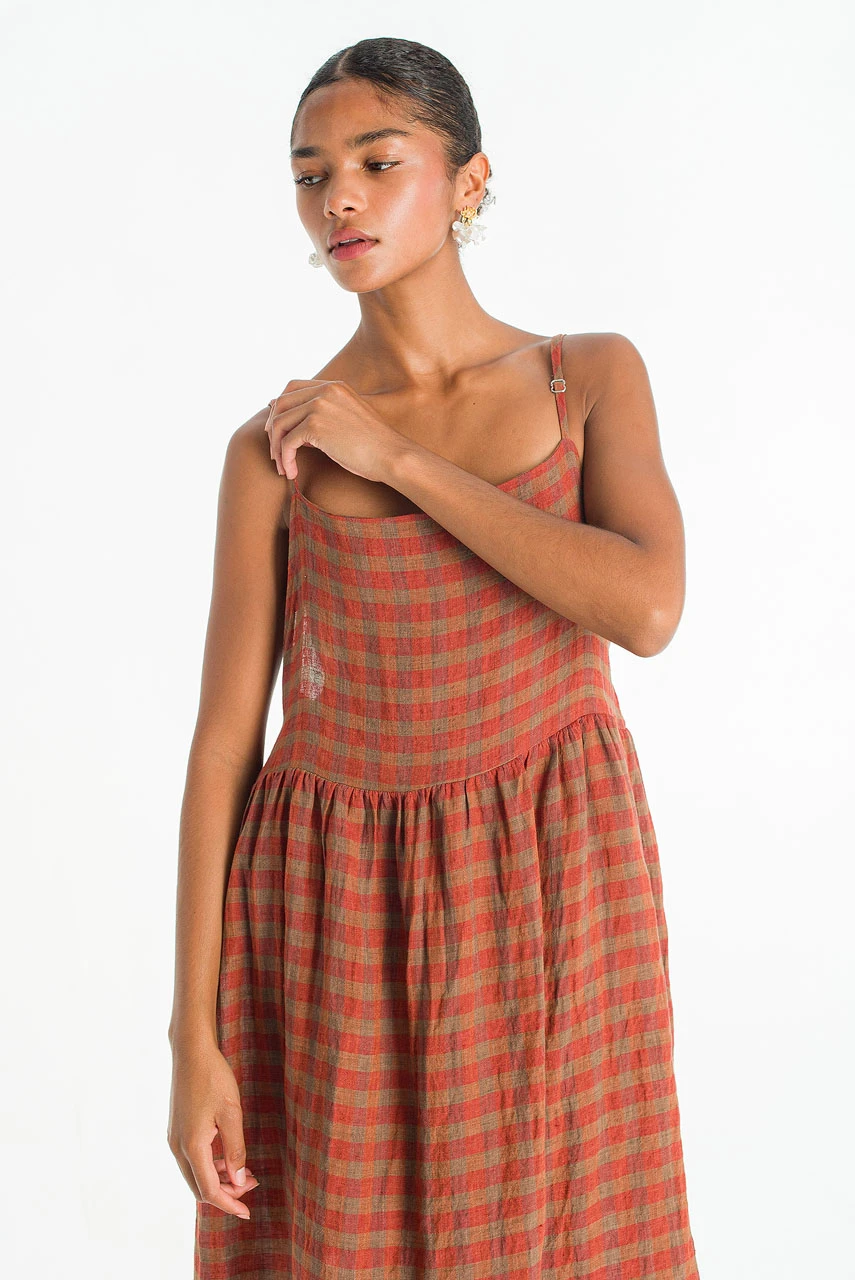 Linen Check Slip Dress, Brick